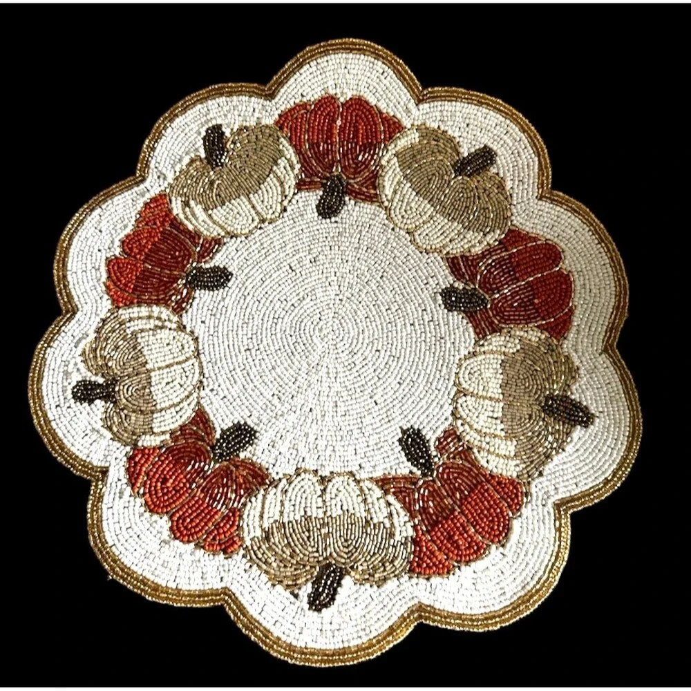 Tahari Pumpkin Beaded Placemat Charger 15” Rd Thanksgiving Fall Autumn Holiday